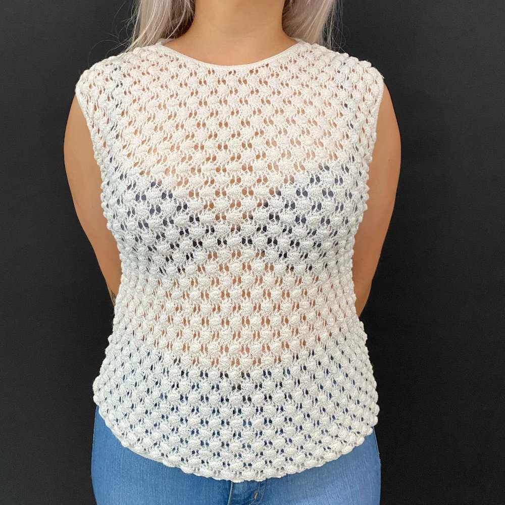 60s White Open Knit Acrylic Sleeveless Top
